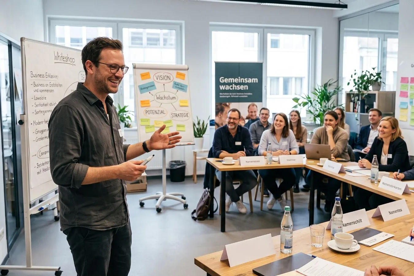 Derselbe Coach leitet gut gelaunt einen Workshop vor zufriedenen Teilnehmern