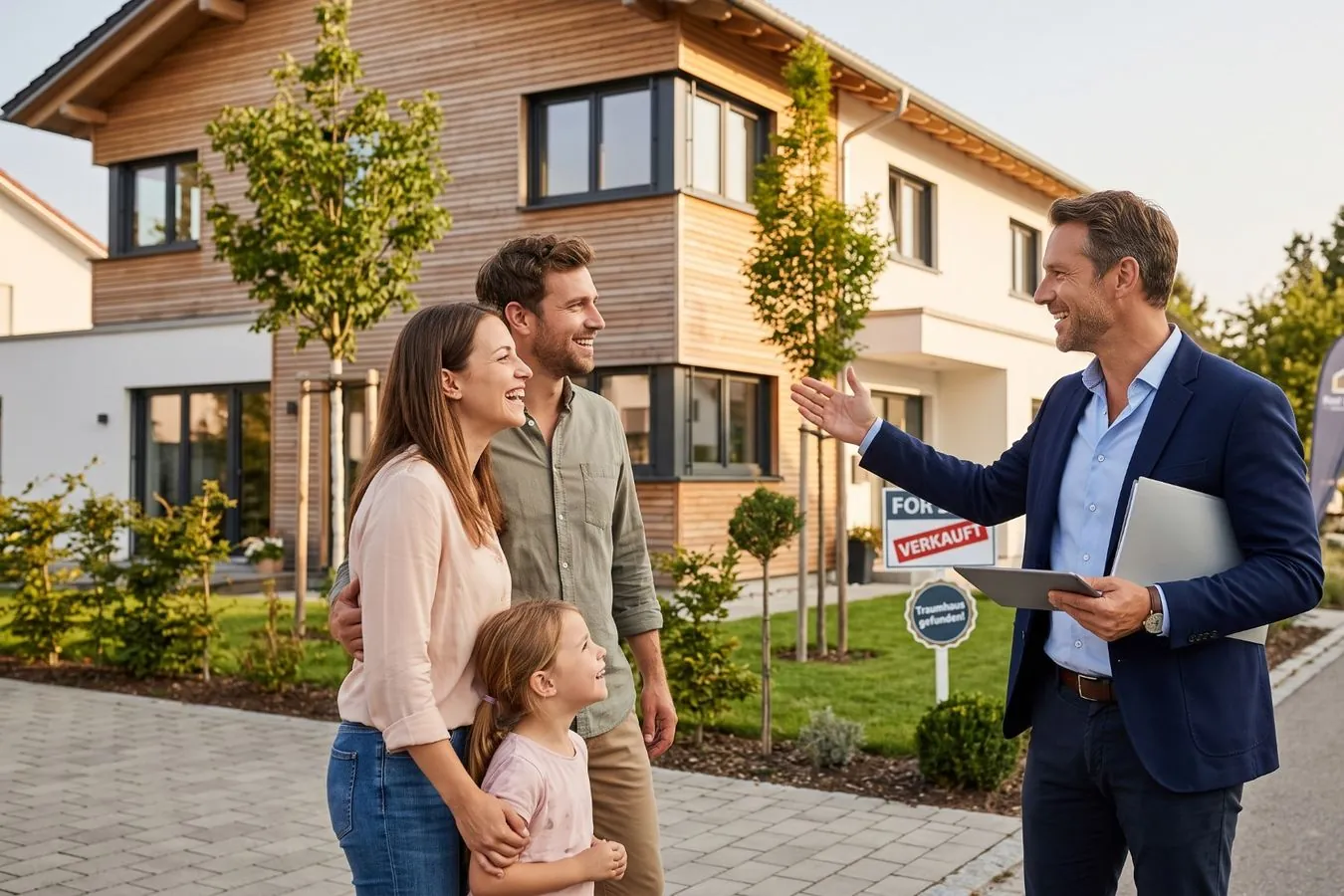 Derselbe Verkäufer übergibt einer glücklichen Familie ihr verkauftes Haus